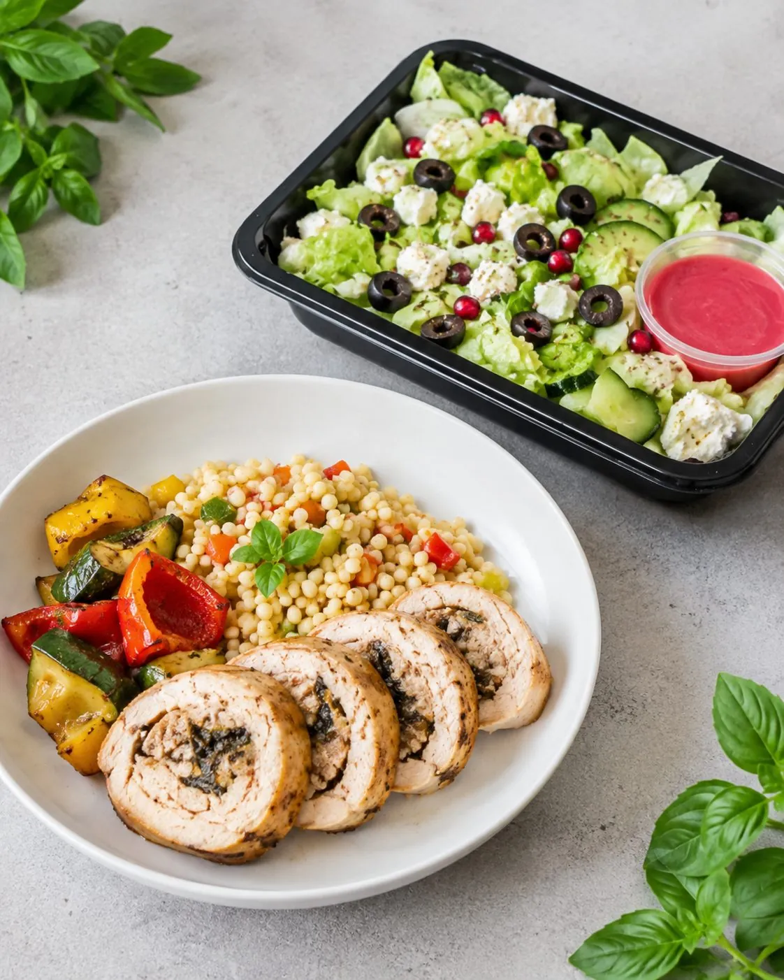 A plate of stuffed chicken roulade with couscous and grilled vegetables, next to a box of salad