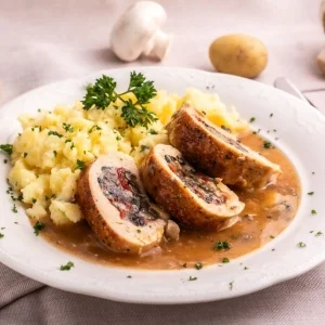 Krůtí roláda plněná kapií, sýrem a žampiony, bramborová kaše